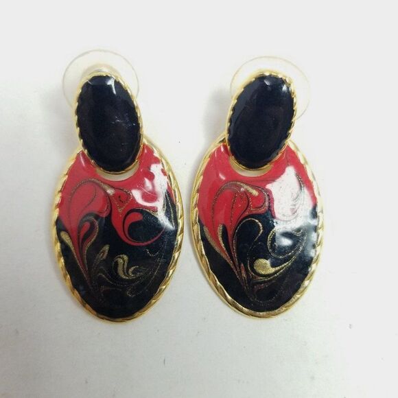Vintage Red and Black Enamel Door Knocker Stud Dangle Earrings, Retro 80s 90s - Picture 5 of 6
